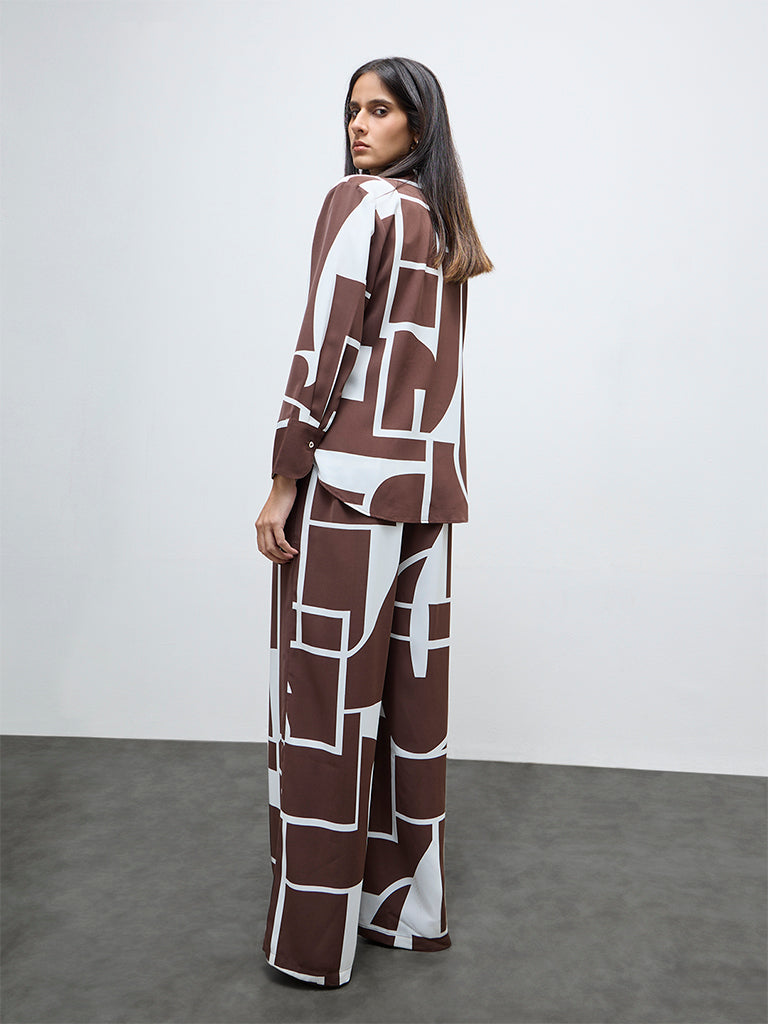 Wardrobe Brown Abstract Design High-Rise Pants
