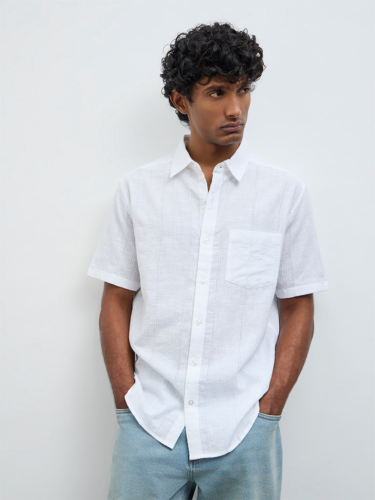WES Casuals White Textured Relaxed Fit Cotton Shirt