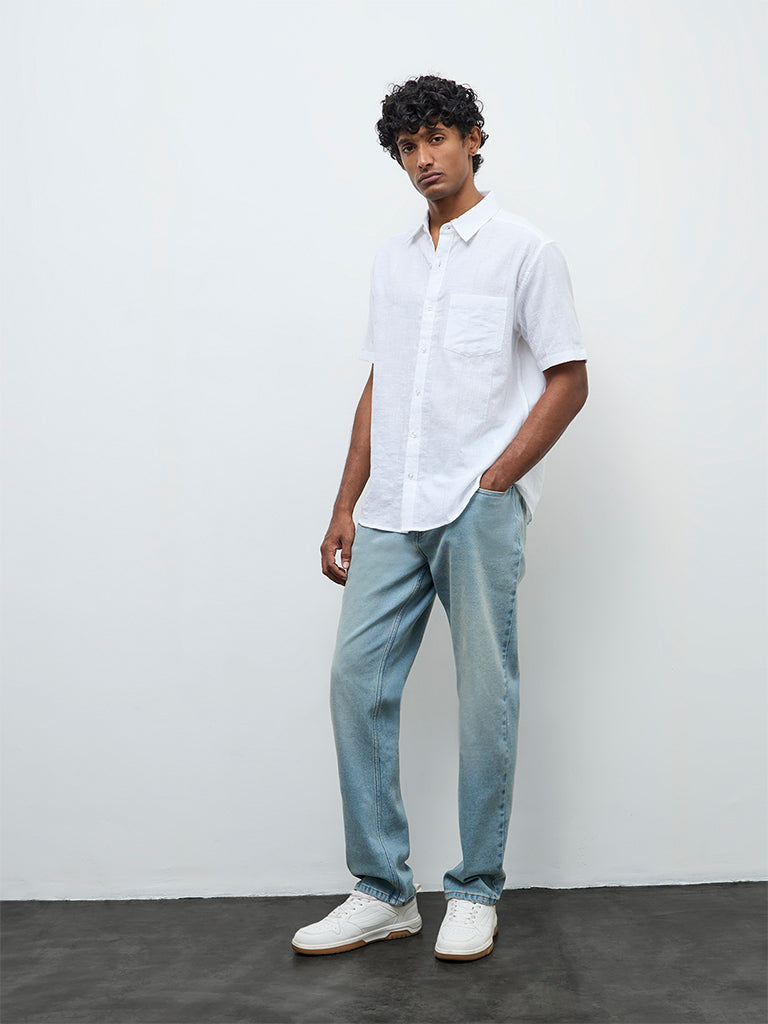 WES Casuals White Textured Relaxed Fit Cotton Shirt