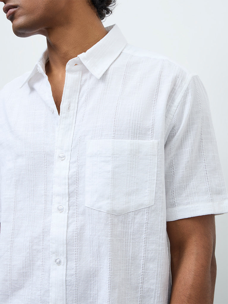 WES Casuals White Textured Relaxed Fit Cotton Shirt