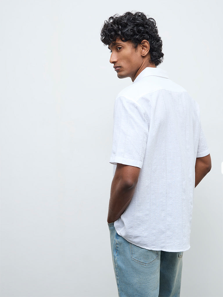 WES Casuals White Textured Relaxed Fit Cotton Shirt