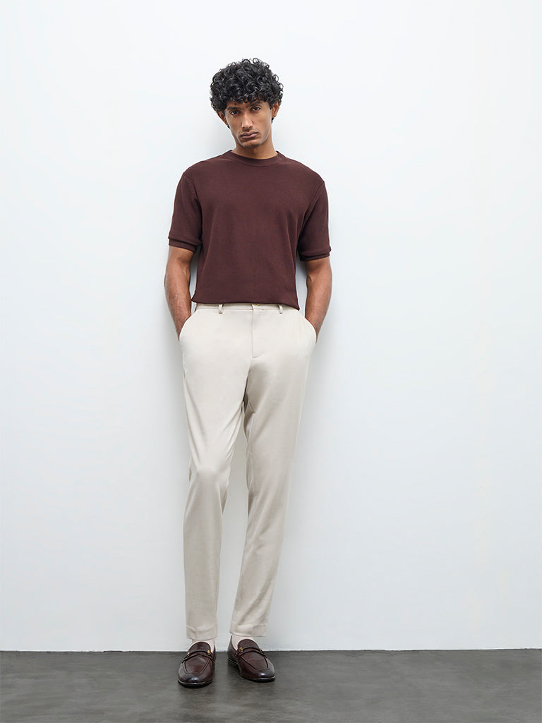 WES Formals Dark Brown Knitted Slim-Fit T-Shirt