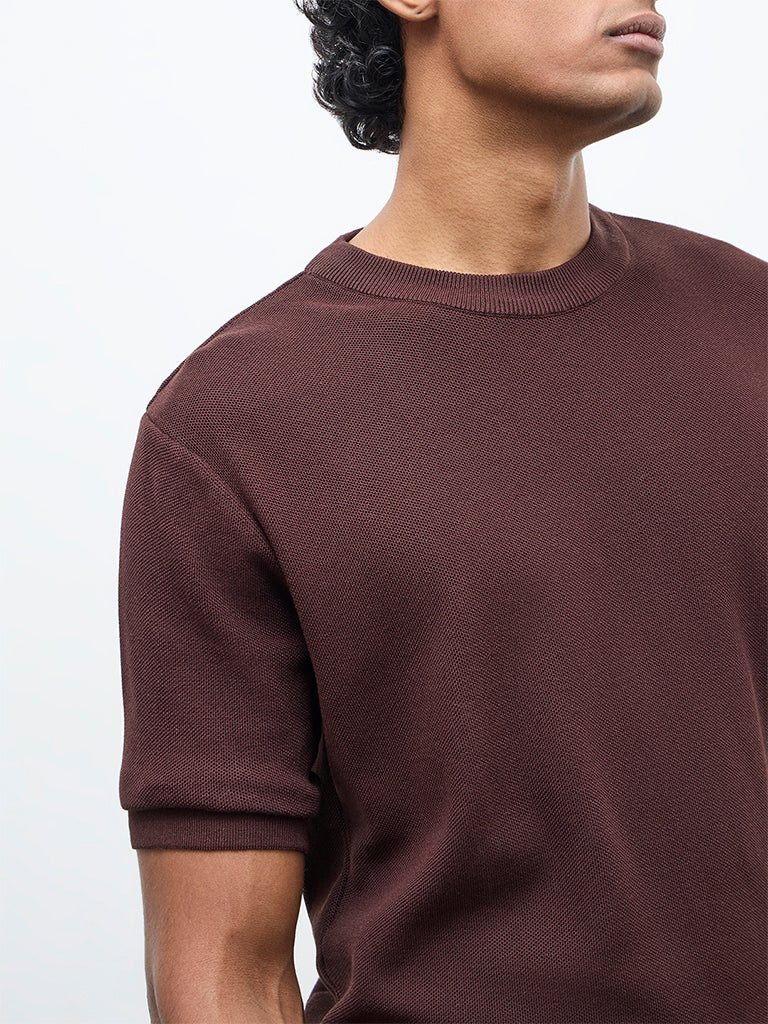 WES Formals Dark Brown Knitted Slim-Fit T-Shirt