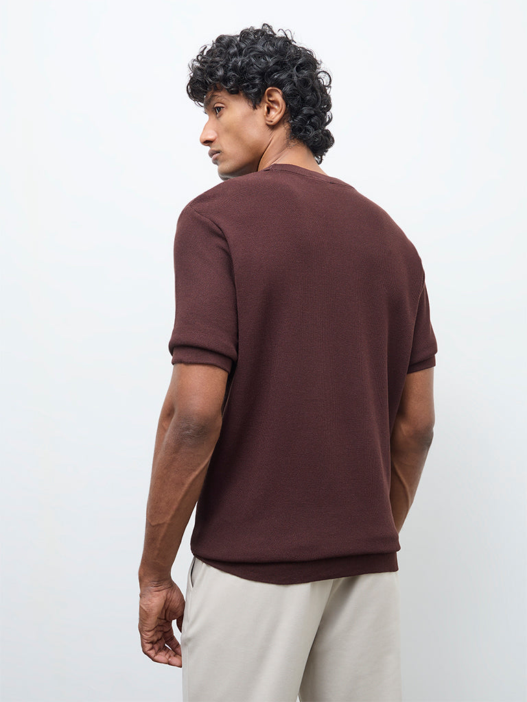 WES Formals Dark Brown Knitted Slim-Fit T-Shirt
