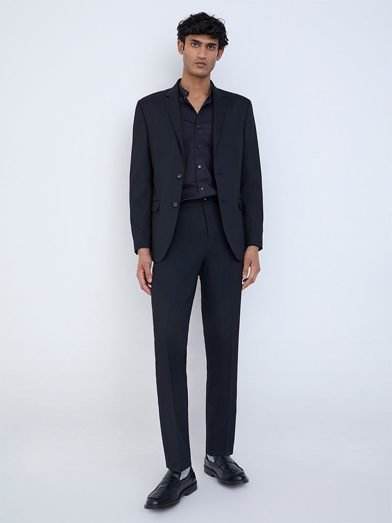 WES Formals Black Striped Slim-Fit Blazer