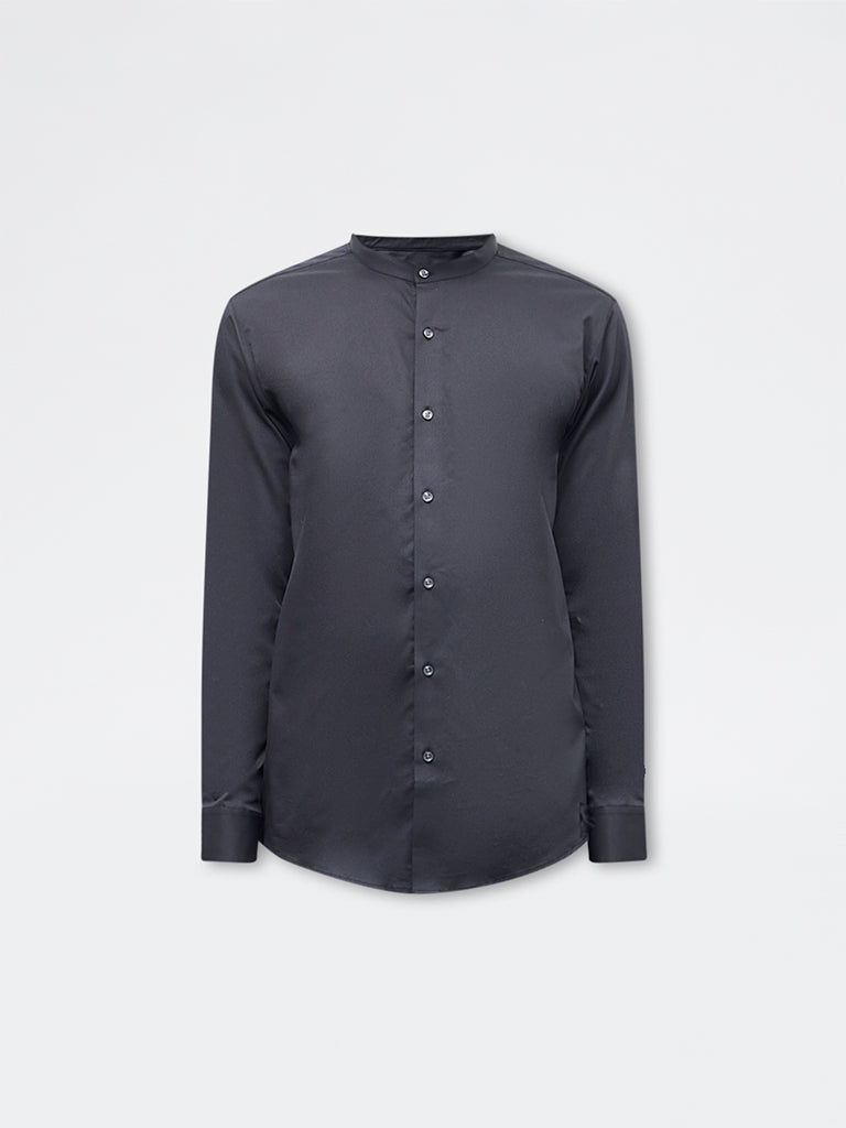WES Formals Black Solid Slim-Fit Cotton Shirt