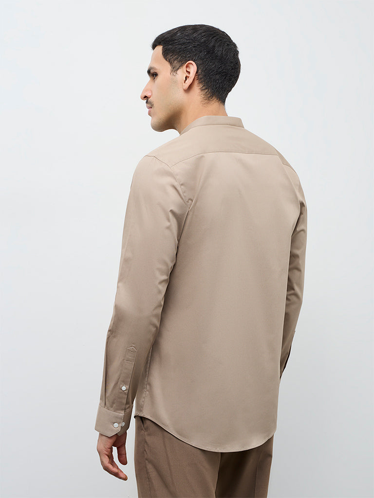WES Formals Khaki Solid Slim-Fit Cotton-Blend Shirt