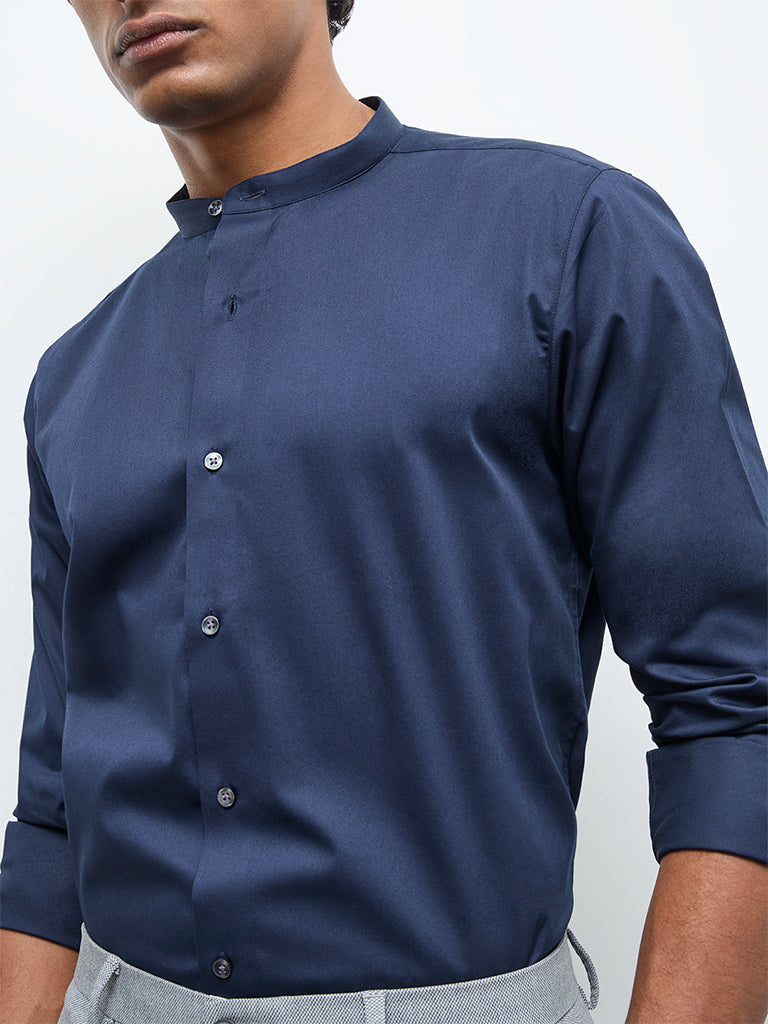 WES Formals Navy Solid Slim-Fit Cotton-Blend Shirt