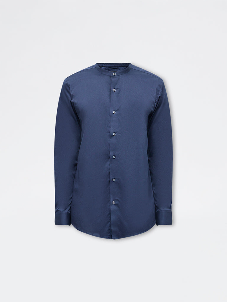 WES Formals Navy Solid Slim-Fit Cotton-Blend Shirt