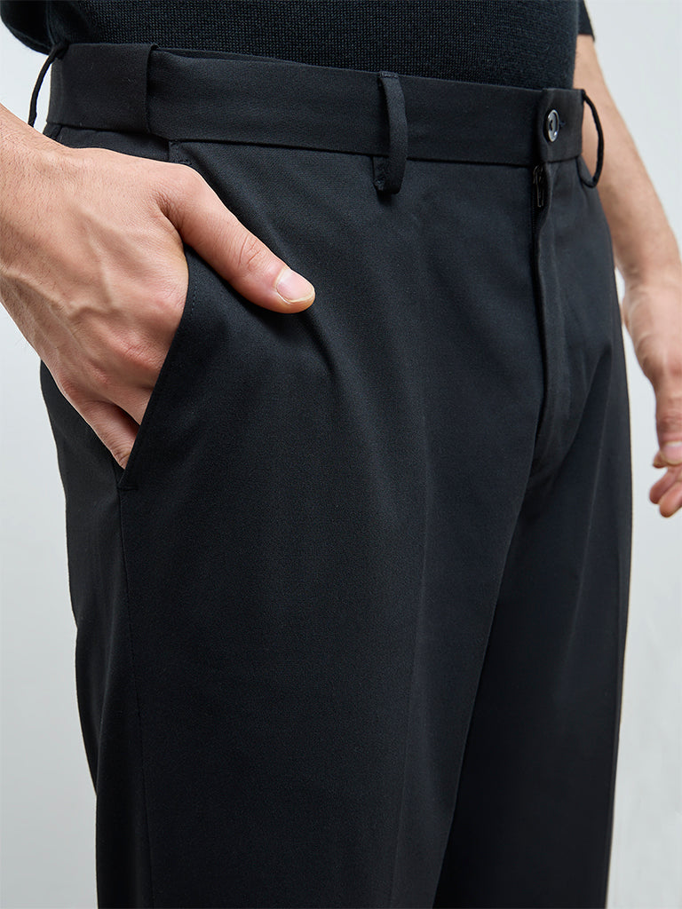 WES Formals Black Solid Slim-Fit Mid-Rise Trousers
