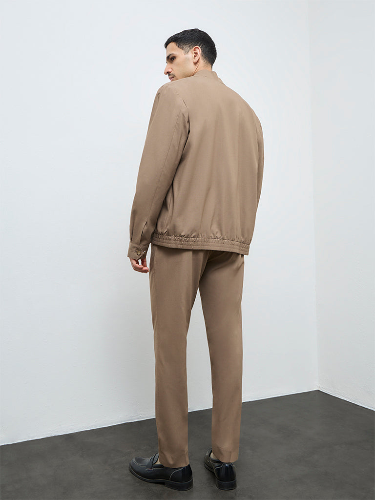 WES Formals Khaki Solid Slim-Fit Mid-Rise Trousers