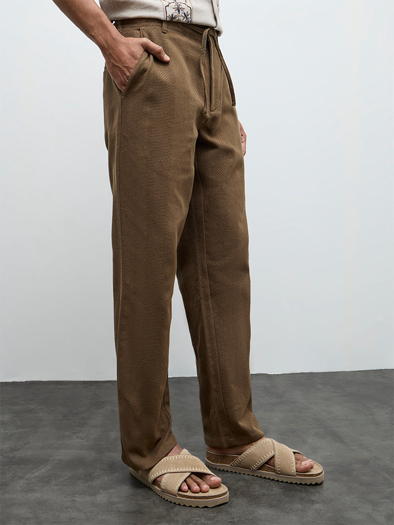 ETA Taupe Textured Relaxed-Fit Mid-Rise Cotton Chinos