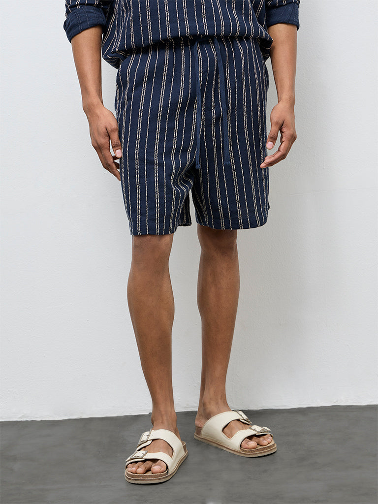 ETA Navy Striped Relaxed-Fit Mid-Rise Cotton Shorts