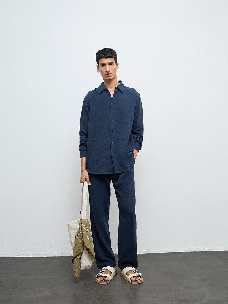 ETA Navy Textured Relaxed-Fit Cotton Shirt