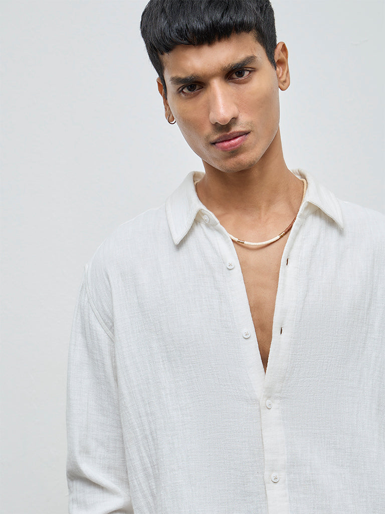 ETA White Textured Relaxed-Fit Cotton Shirt