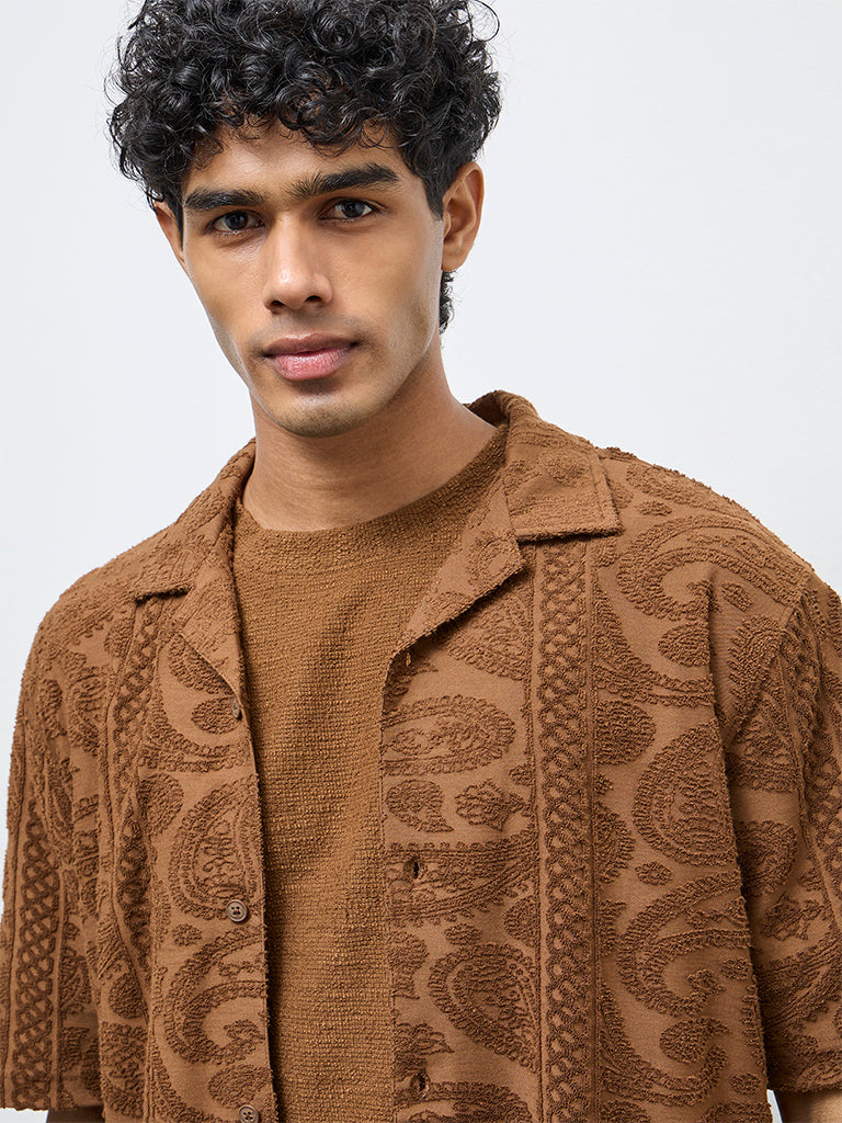 ETA Tan Paisley Embroidered Relaxed-Fit Cotton-Blend Shirt