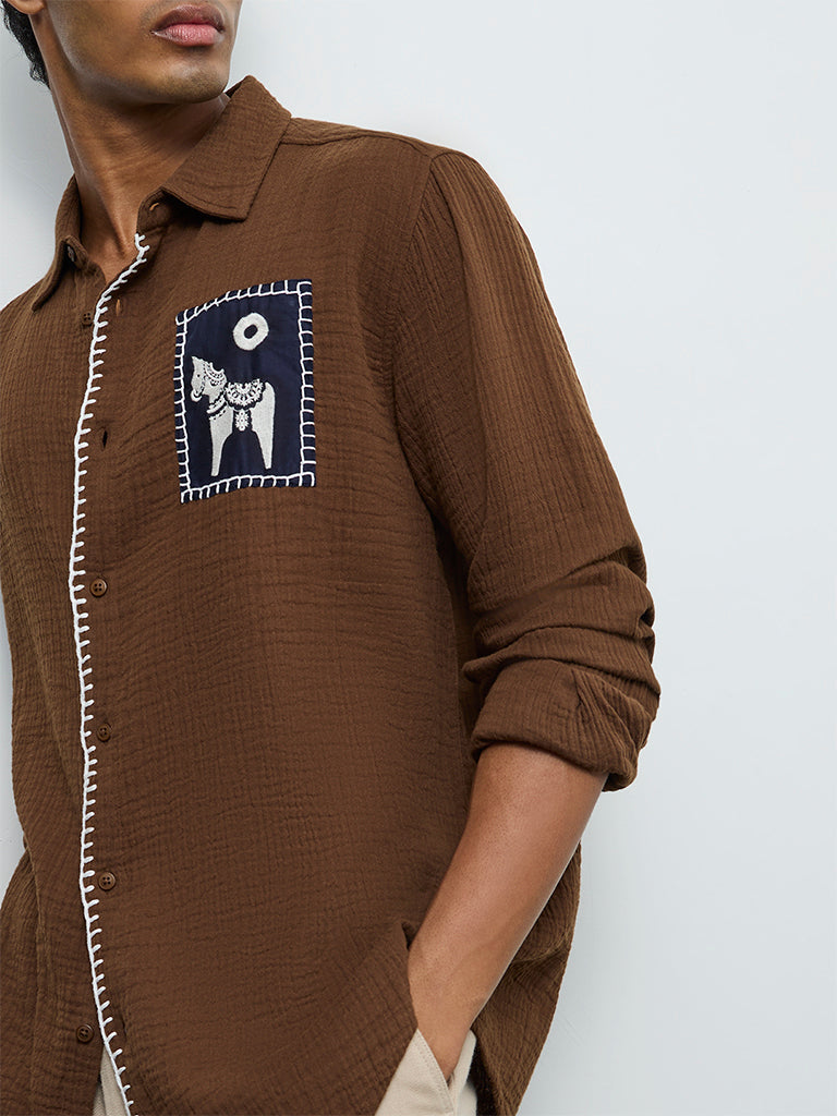 ETA Brown Embroidered Relaxed-Fit Cotton Shirt