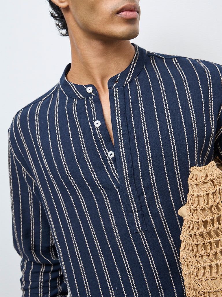 ETA Navy Striped Relaxed-Fit Cotton Shirt
