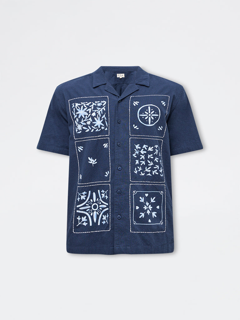 ETA Navy Printed Relaxed-Fit Cotton Shirt