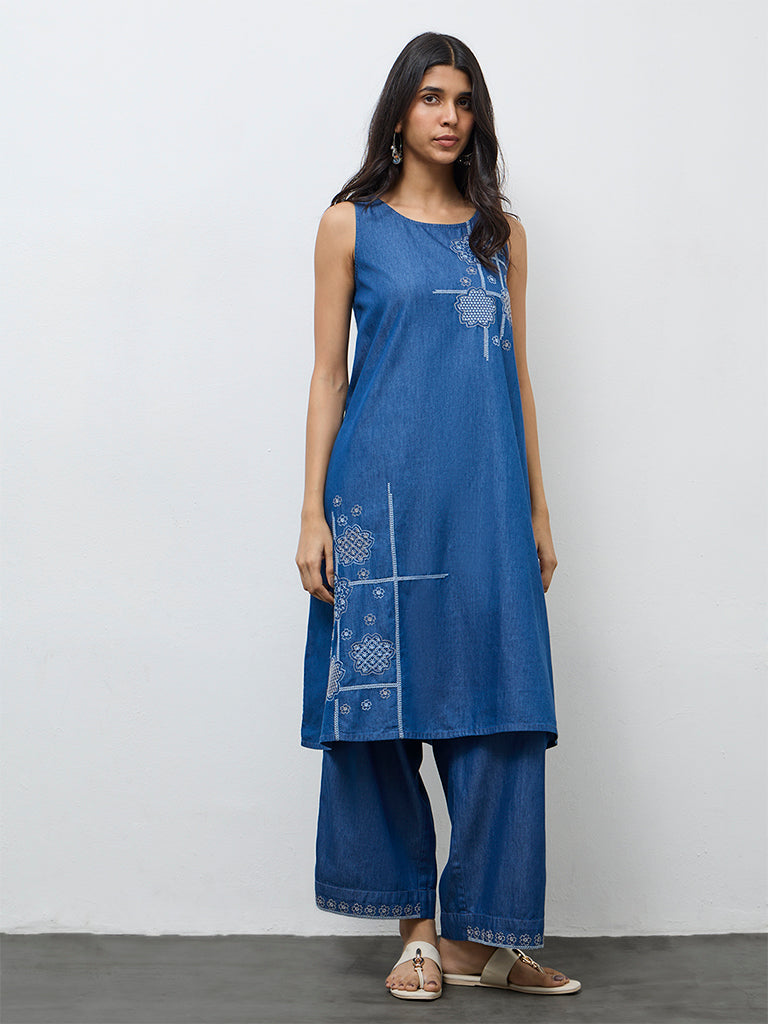 Utsa Indigo Floral Embroidered Cotton A-Line Kurta
