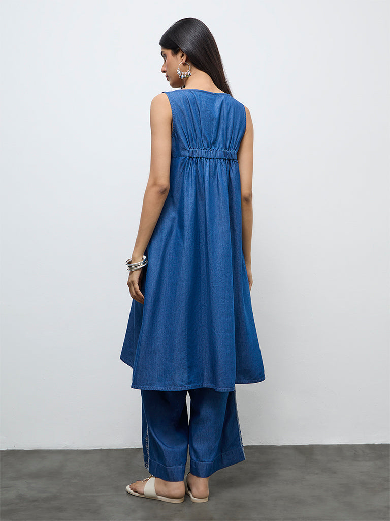Utsa Indigo Floral Embroidered Cotton A-Line Kurta