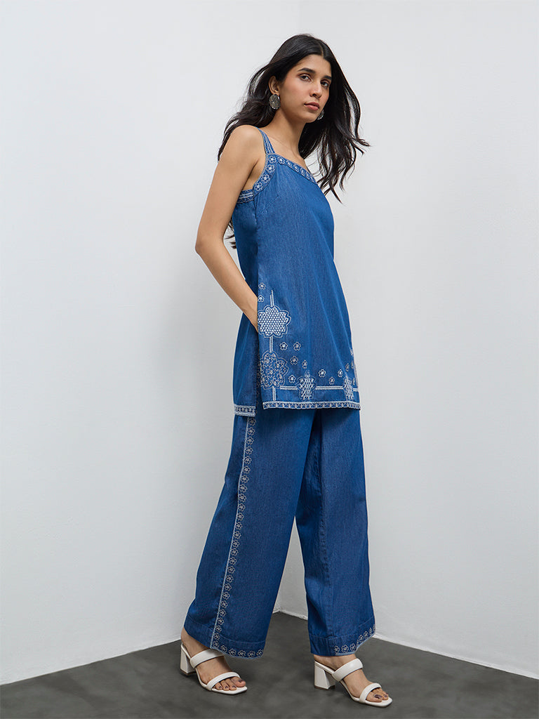 Utsa Indigo Floral Embroidered Cotton Palazzos