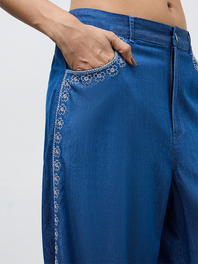 Utsa Indigo Floral Embroidered Cotton Palazzos