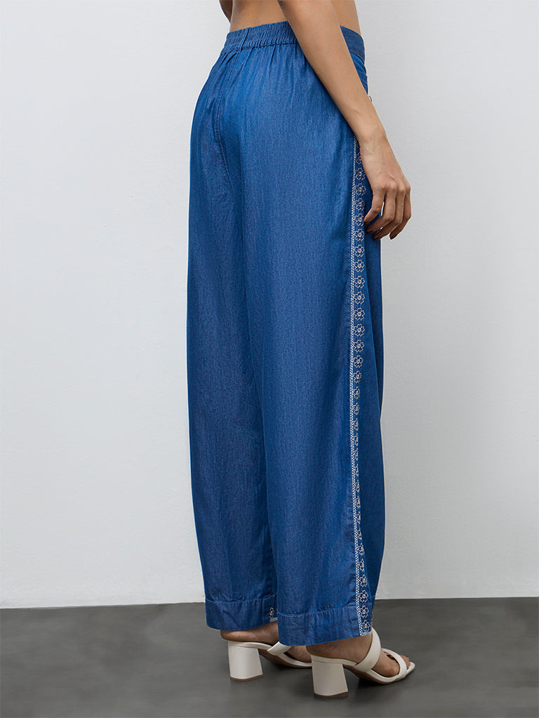 Utsa Indigo Floral Embroidered Cotton Palazzos