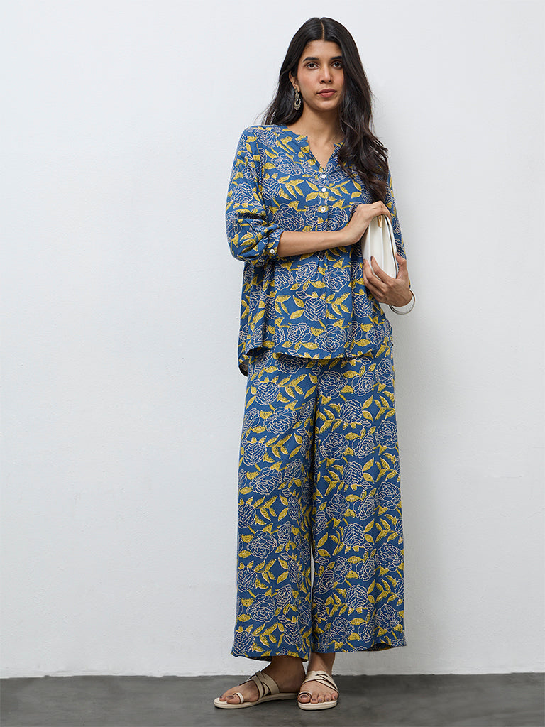 Utsa Blue Floral Printed Pants