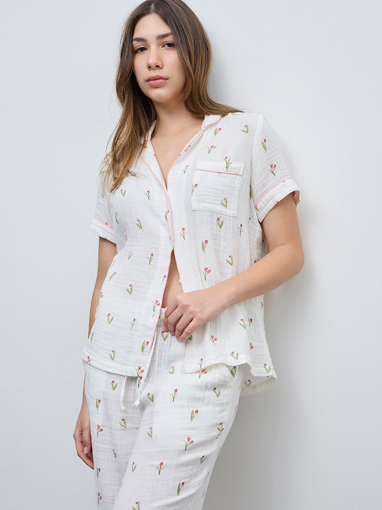 Wunderlove White Floral Printed Cotton Shirt and Pyjamas Set