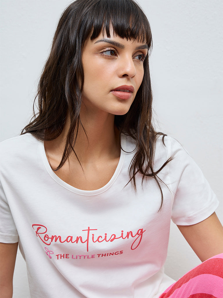 Wunderlove White Typographic Cotton T-Shirt