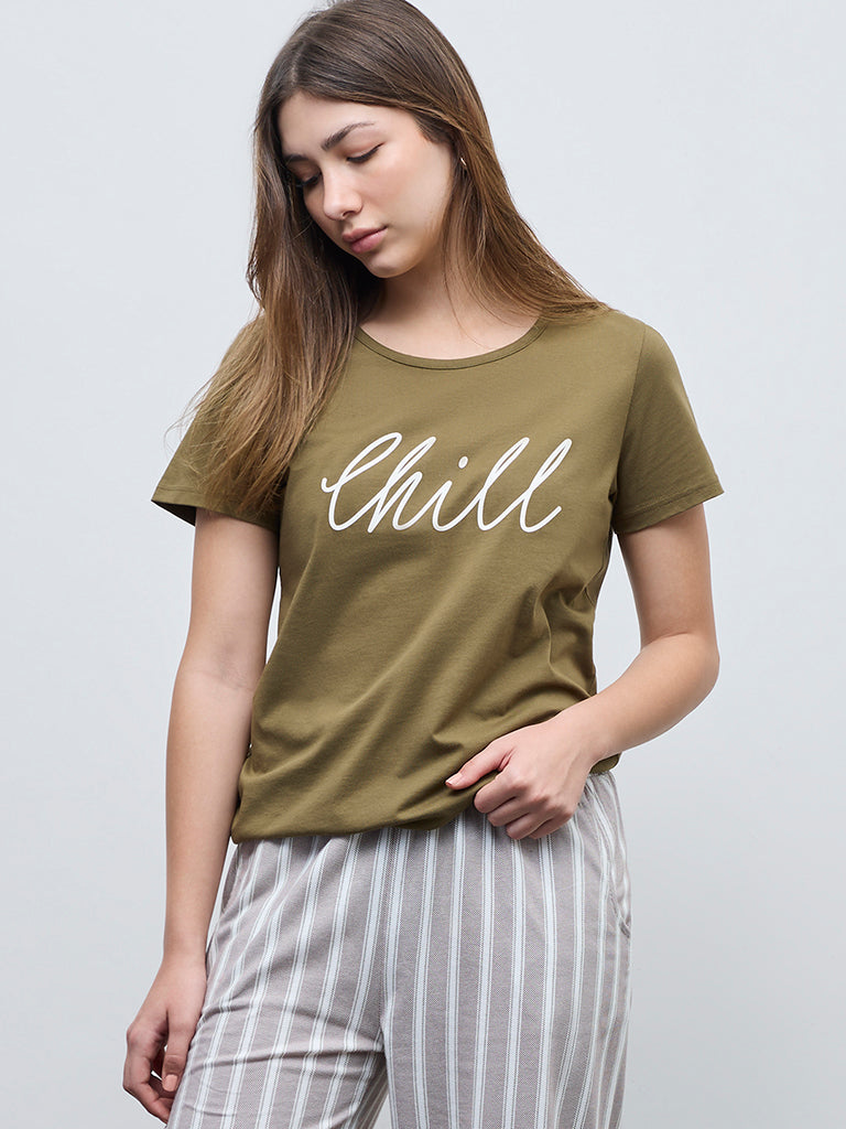 Wunderlove Olive Text Design Cotton T-Shirt