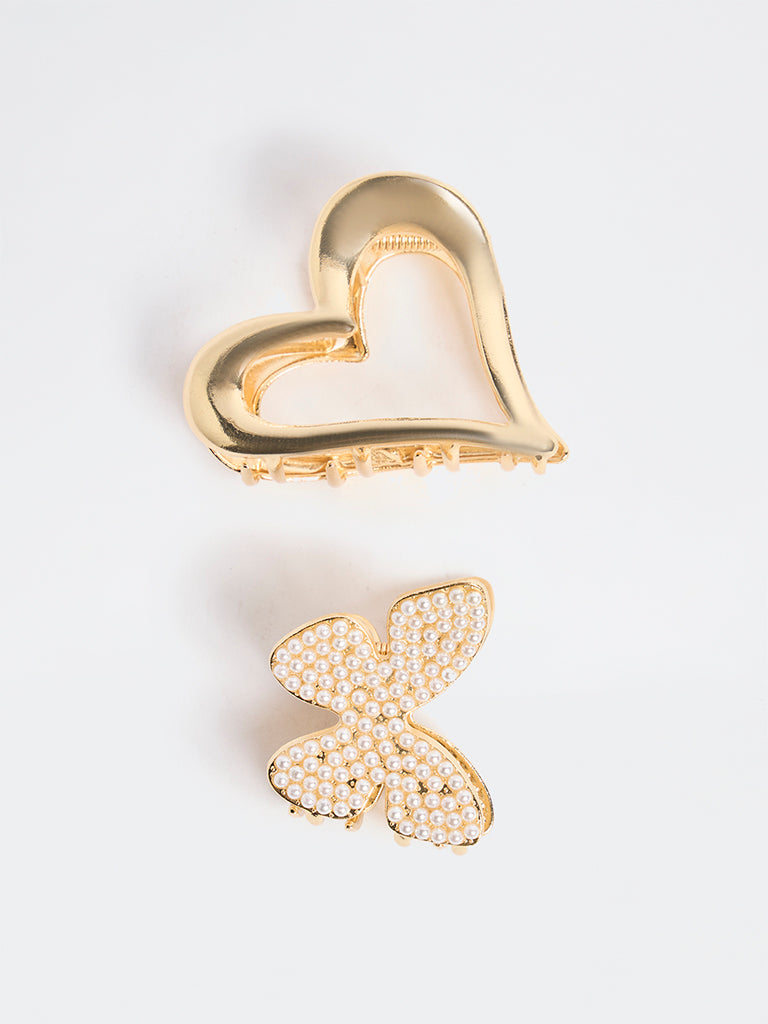Westside Accessories Gold Pearlescent Butterfly and Heart Hair Clips - Pack of 2