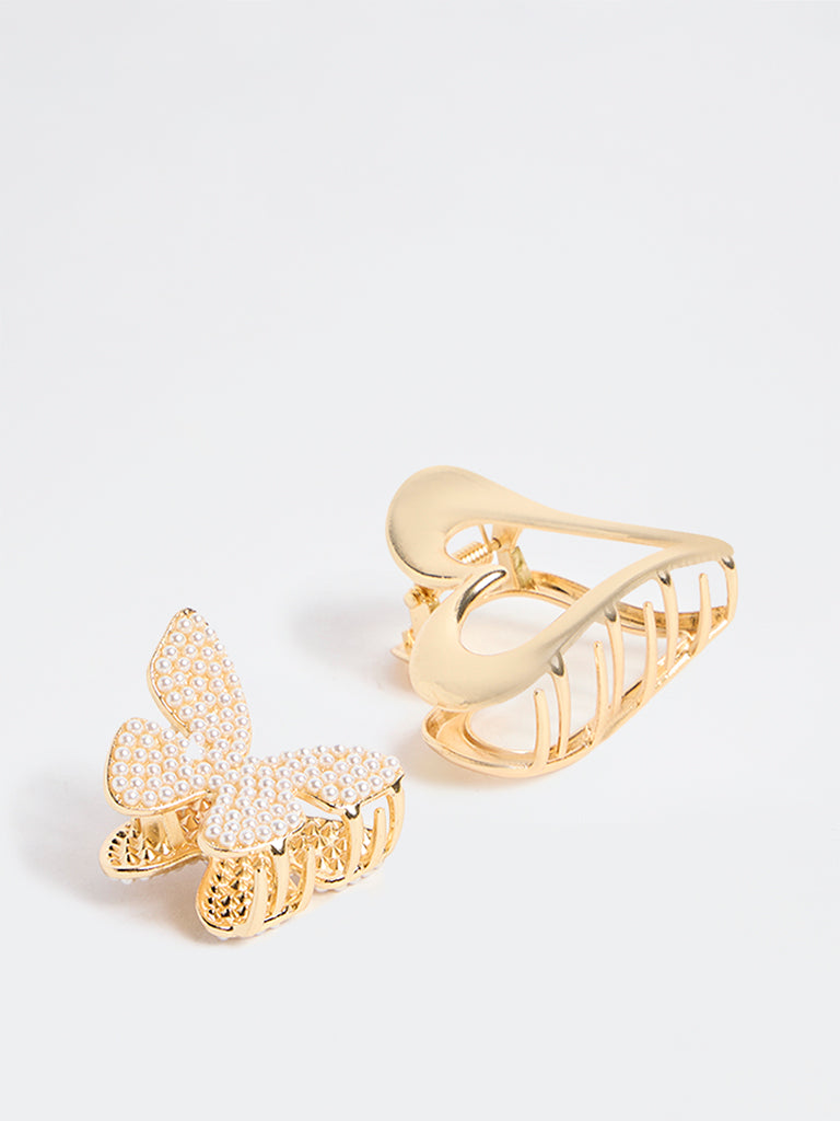 Westside Accessories Gold Pearlescent Butterfly and Heart Hair Clips - Pack of 2