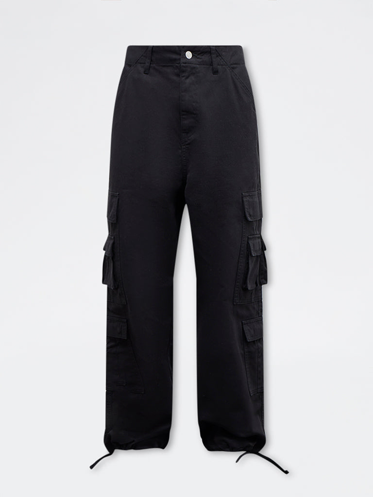 Nuon Black Relaxed-Fit Mid-Rise Cotton Cargo Pants