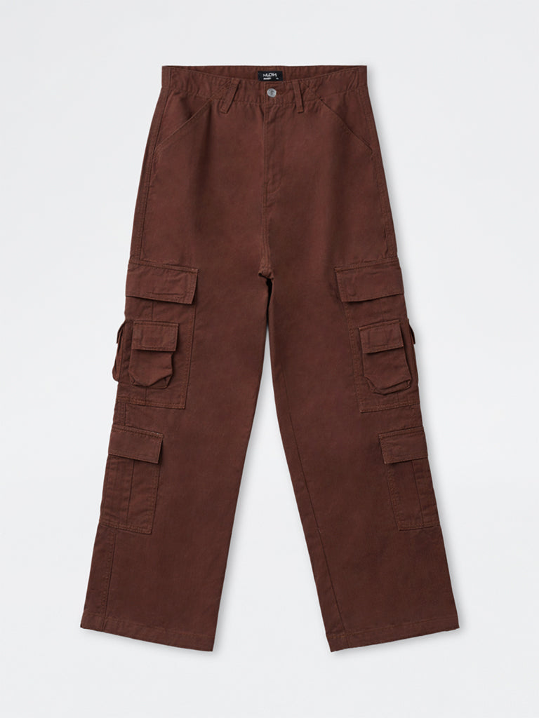 Nuon Brown Relaxed-Fit Mid-Rise Cotton Cargo Pants