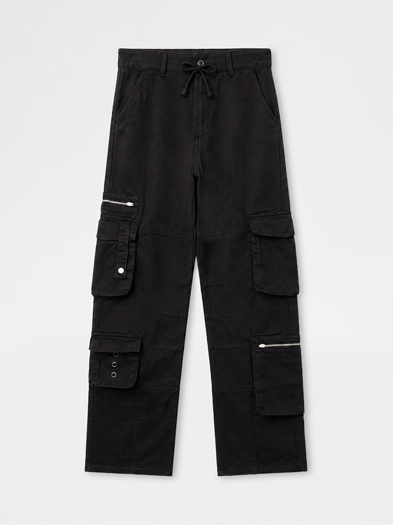 Nuon Black Relaxed-Fit Mid-Rise Cotton Cargo Pants