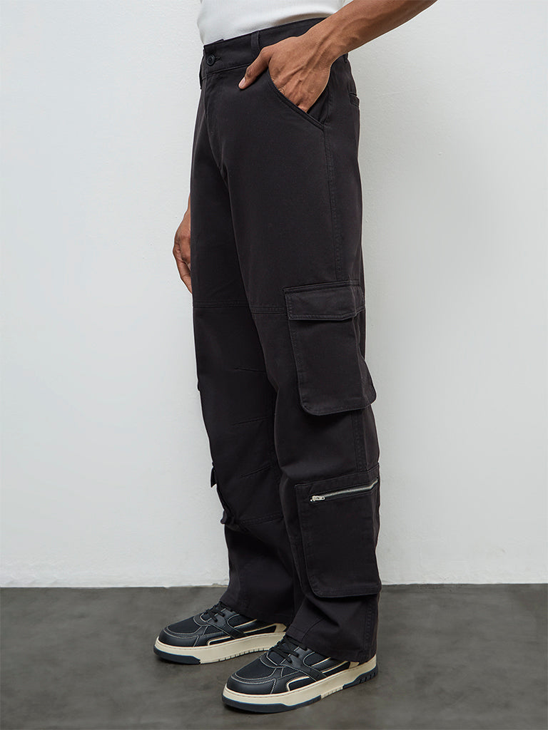 Nuon Black Relaxed-Fit Mid-Rise Cotton Cargo Pants