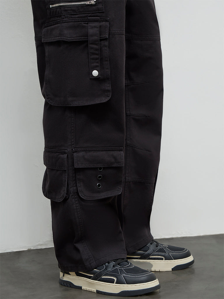 Nuon Black Relaxed-Fit Mid-Rise Cotton Cargo Pants