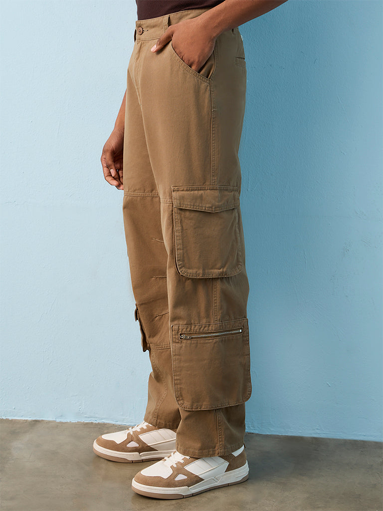 Nuon Taupe Loose-Fit Mid-Rise Cotton Cargo Pants