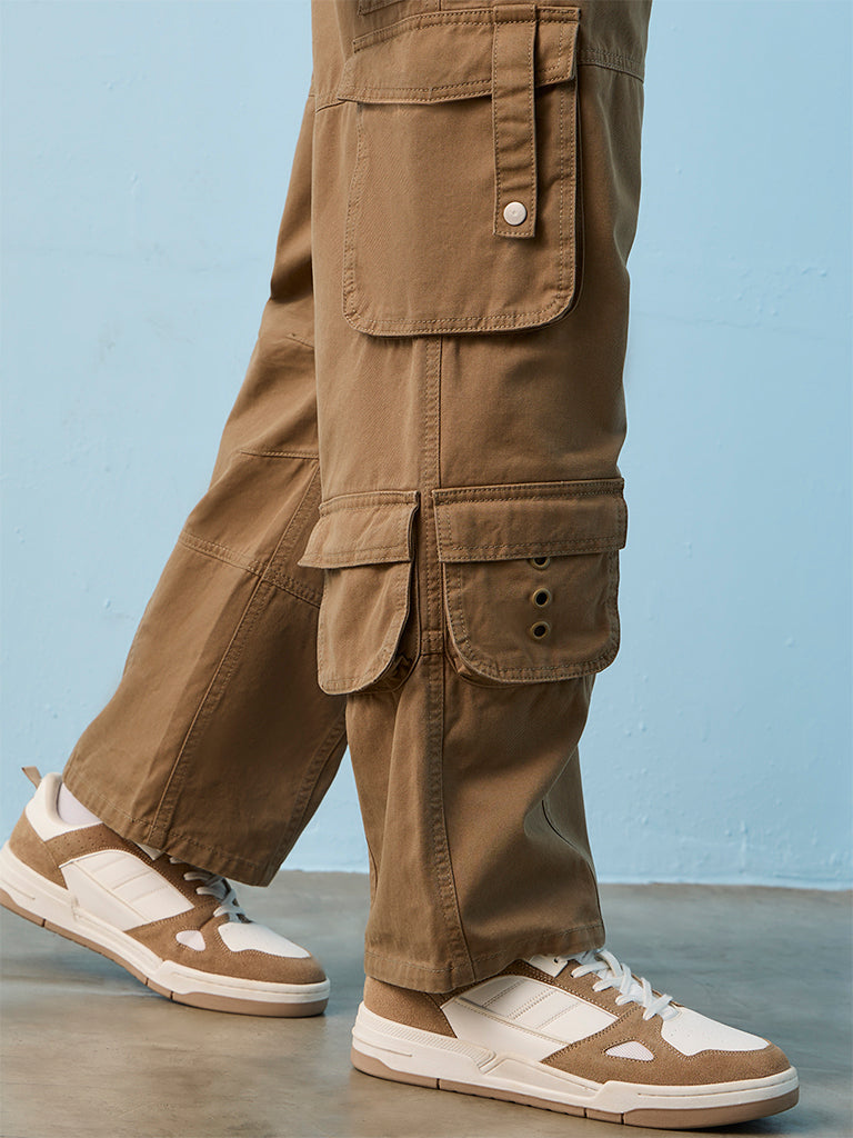 Nuon Taupe Loose-Fit Mid-Rise Cotton Cargo Pants