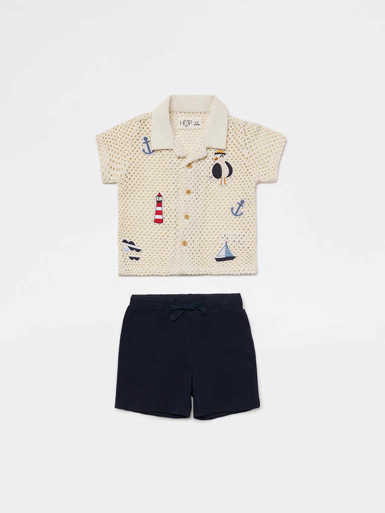 HOP Baby Boys White Crochet Cotton Shirt and Shorts Set