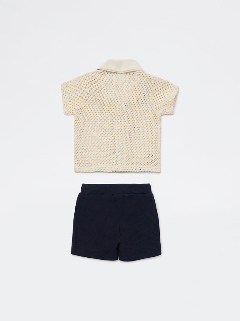 HOP Baby Boys White Crochet Cotton Shirt and Shorts Set