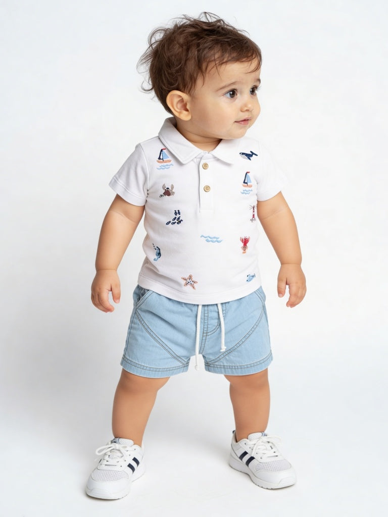 HOP Baby Boys White Embroidered Cotton T-Shirt and Shorts Set