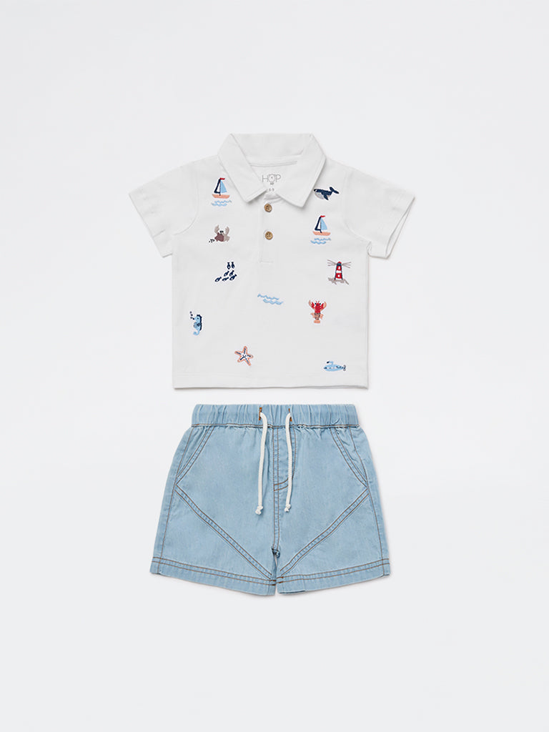 HOP Baby Boys White Embroidered Cotton T-Shirt and Shorts Set
