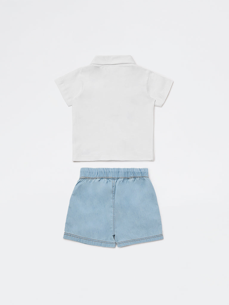 HOP Baby Boys White Embroidered Cotton T-Shirt and Shorts Set
