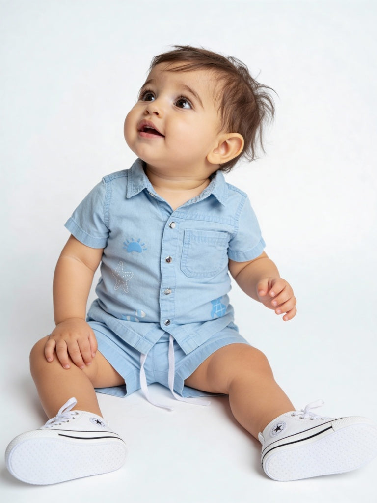 HOP Baby Boys Blue Denim Shirt and Shorts Set