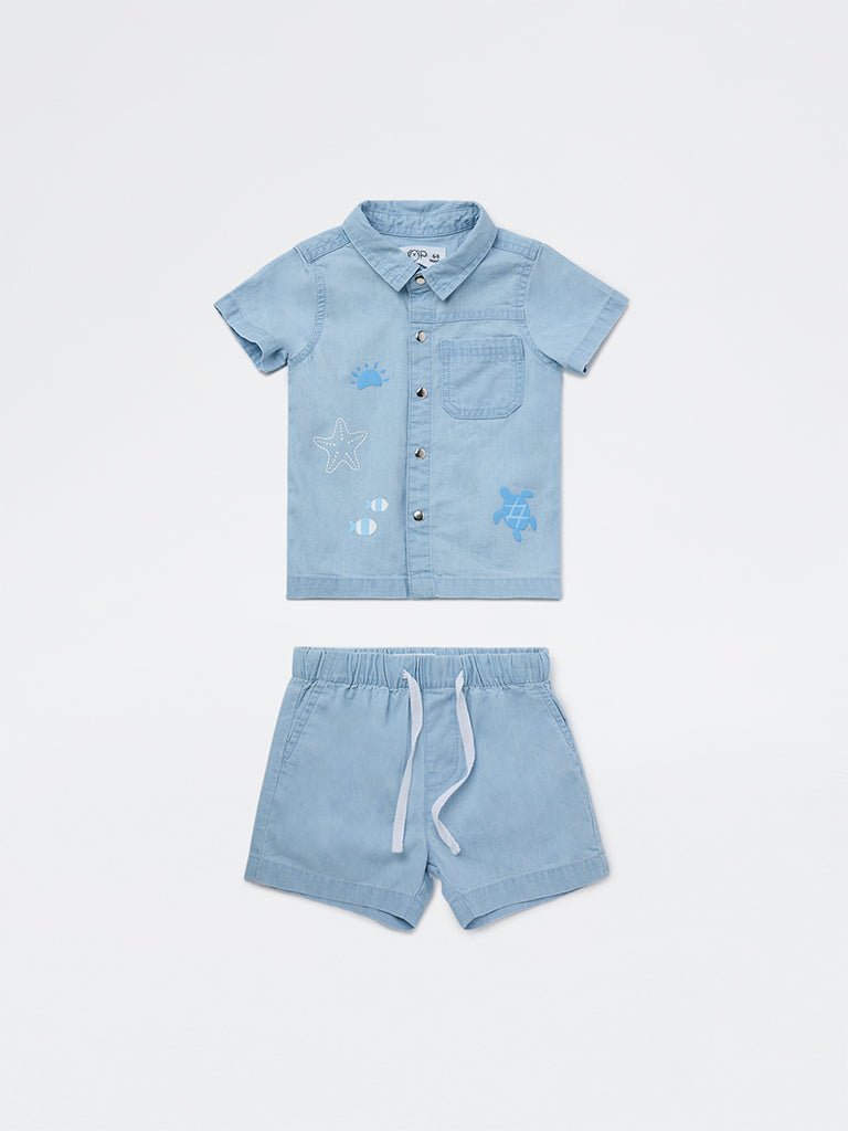 HOP Baby Boys Blue Denim Shirt and Shorts Set