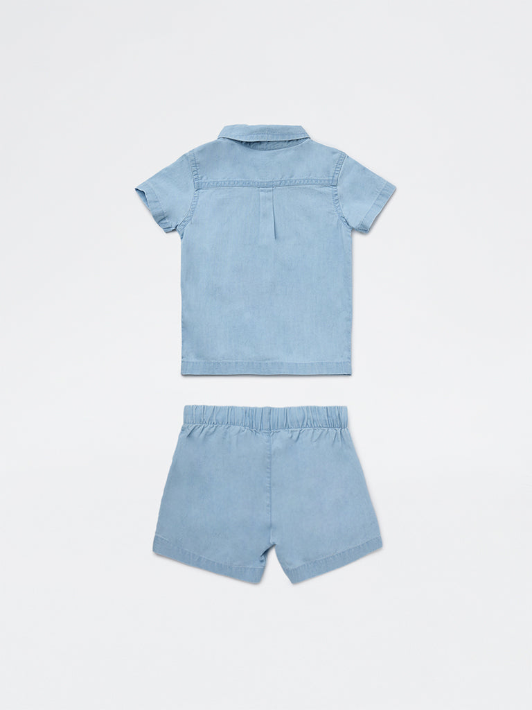 HOP Baby Boys Blue Denim Shirt and Shorts Set