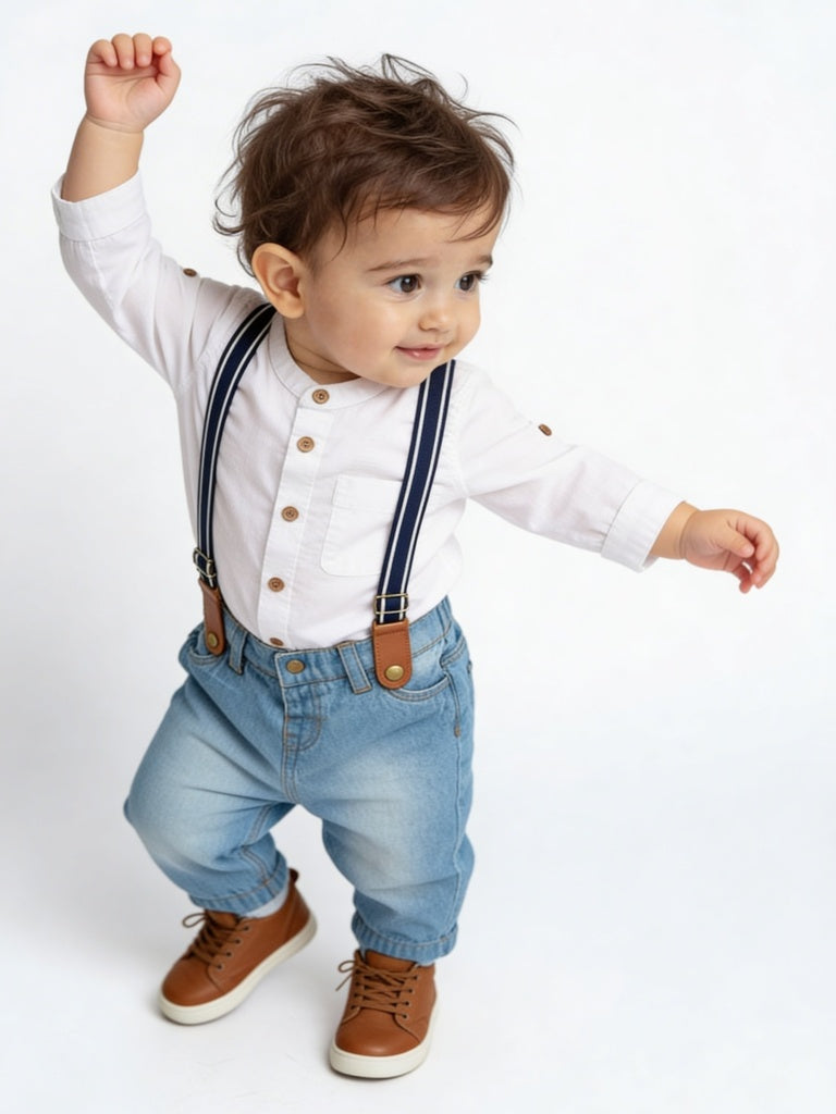 HOP Baby Boys White Cotton Shirt, Jeans, and Suspender Set